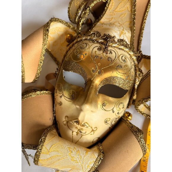 Handcrafted Venetian Jester Masquerade Mask With Gold Glitter Detailing & Ribbon - Picture 8 of 12